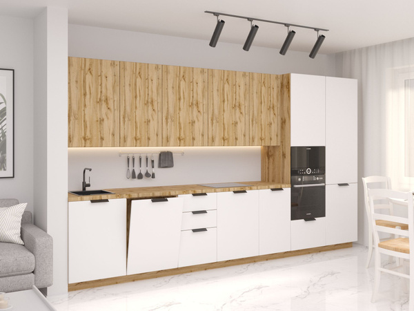 кухонный гарнитур цвета матча с деревянной столешницей