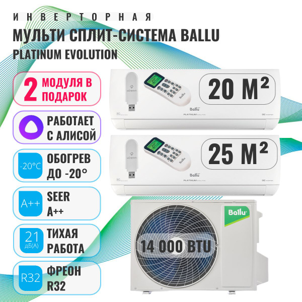 Мульти сплит-система BALLU на 2 комнаты (20 м2 + 25 м2), 14+(7+9 ...