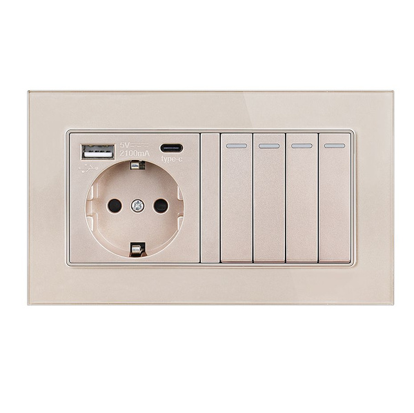 Выключатель механический с розеткой, 1 розетки 2 USB ( Type-C и Type-A ...