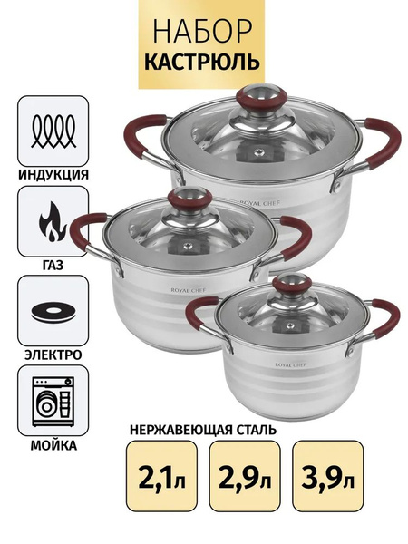 Набор кострюль из нержавеющей стали Royal Chef Home Pro Red 6 предметов ...