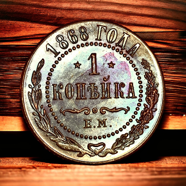 Монета Российской Империи 1 копейка 1868 года, ЕМ. Александр II. Орел ...