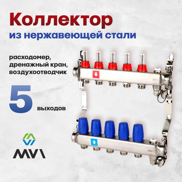 Коллектор для водоснабжения 1' х5 с расходомерами, дренажным краном и ...