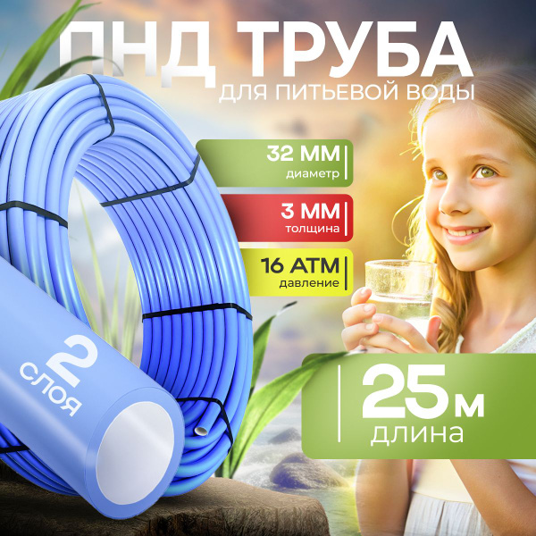 Труба ПНД двухслойная для питьевой воды синяя (25 м) D32, стенка 3 мм ...