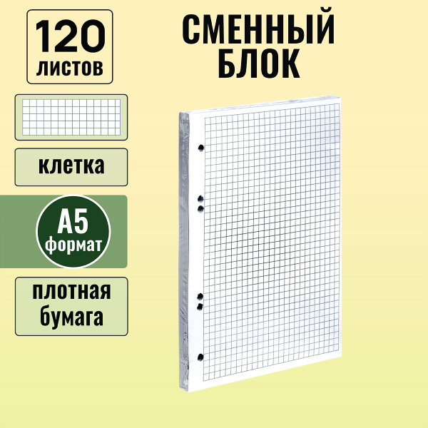 Сменный блок 120 листов клетка 80 гр/кв.м для тетрадей на кольцах ...