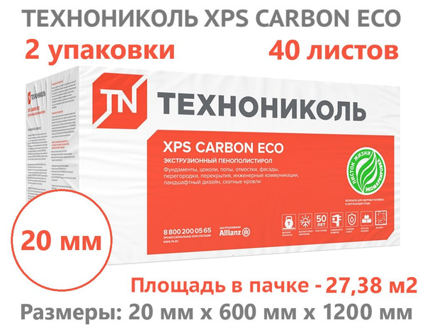 ТЕХНОНИКОЛЬ CARBON ECO 20 мм (40 листов, 2 упаковки) утеплитель ...