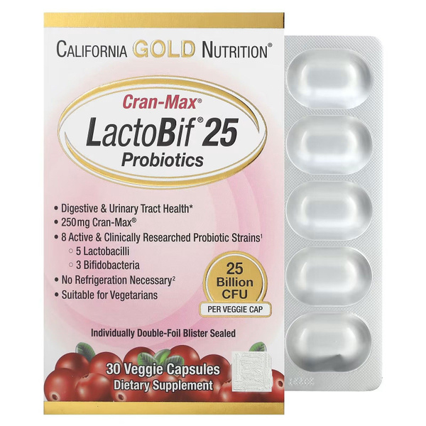 Lactobif, Cran-Max, пробиотики, 25 млрд КОЕ, 30 растительных капсул ...