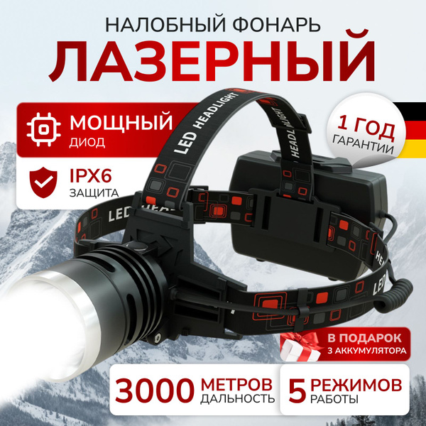 Фонарь налобный, аккумуляторный, светодиодный, LED с зарядкой купить на ...
