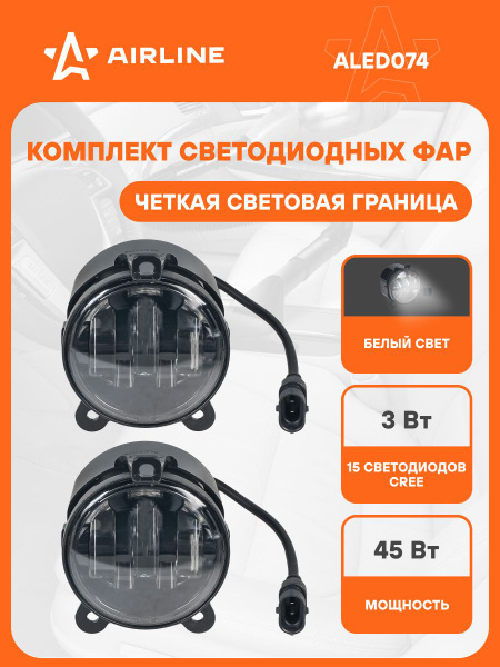 Фара светодиодная 45W 15 диодов D-90 мм 12/24V (регулир.свет.граница) (к-т 2шт) (3 креп. Отв.) (AIRLINE)