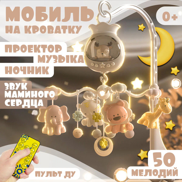 Музыкальный мобиль с проектором и ночником для новорожденных белого ...