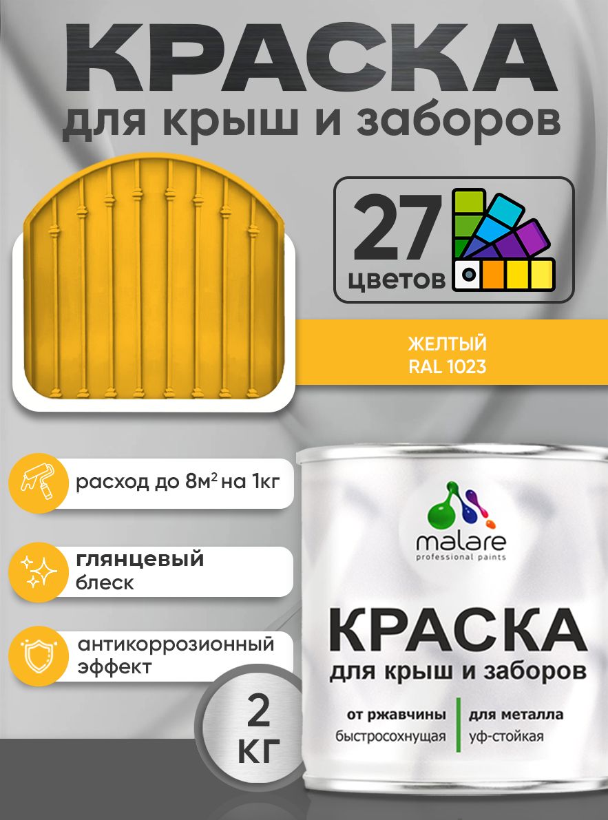 Краска по металлу Malare для крыш и заборов по ржавчине, для наружных работ, быстросохнущая износостойкая RAL 1023 желтый, глянцевая, 2 кг