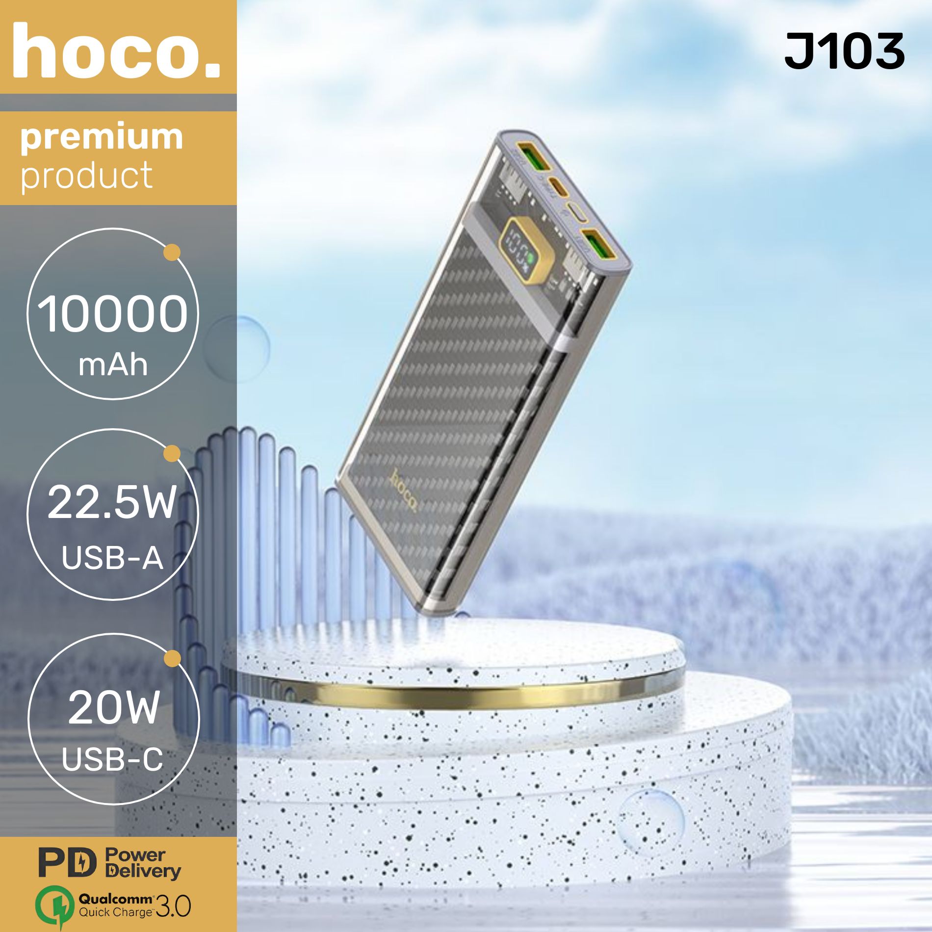 Внешний аккумулятор / повербанк Hoco J103 10000 mAh с быстрой зарядкой прозрачный