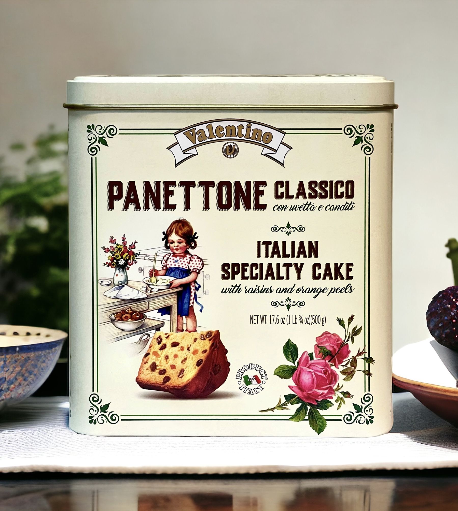 Кекс VALENTINO Panettone с изюмом и цукатами жесть, 500г, Италия