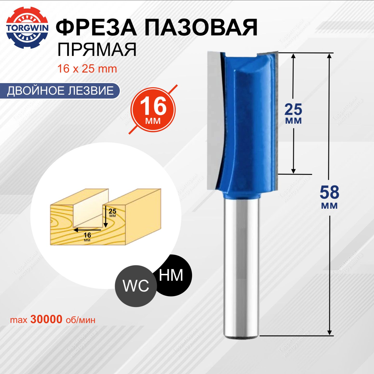 Фреза по дереву 16 х 25 мм S8 Z2 пазовая прямая TORGWIN