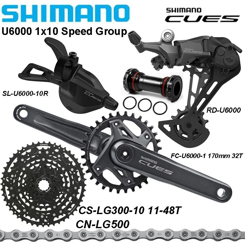 ShimanoCuesU6000,группаскоростей1x10,переключениеSL-R/RD(Безокном),кассетаCS-LG30011-48T,цепьCN-LG500124L,шатуны170MM-32TскареткойMT501(набориз6шт.)