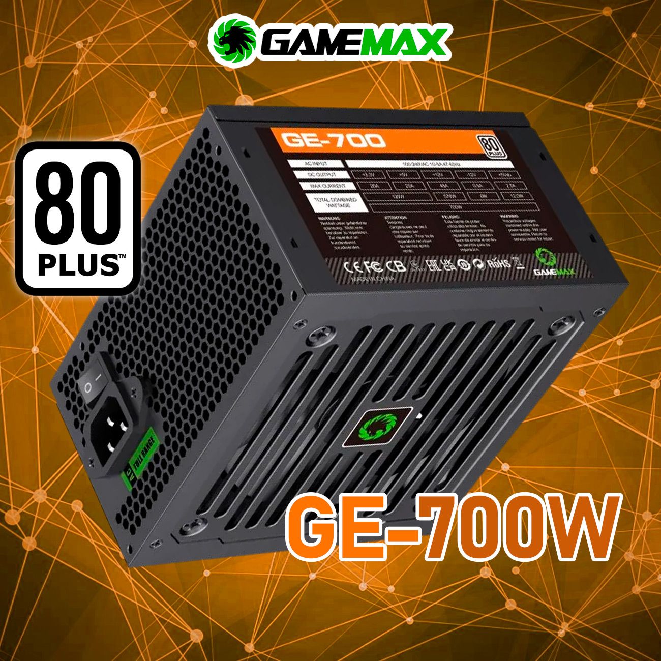 БлокпитаниядляПК700W80+GameMaxGE-700Черный120мм20+4pin4+4pin(CPU)2*6+2pin(PCI-E)5*SATA3*MOLEX