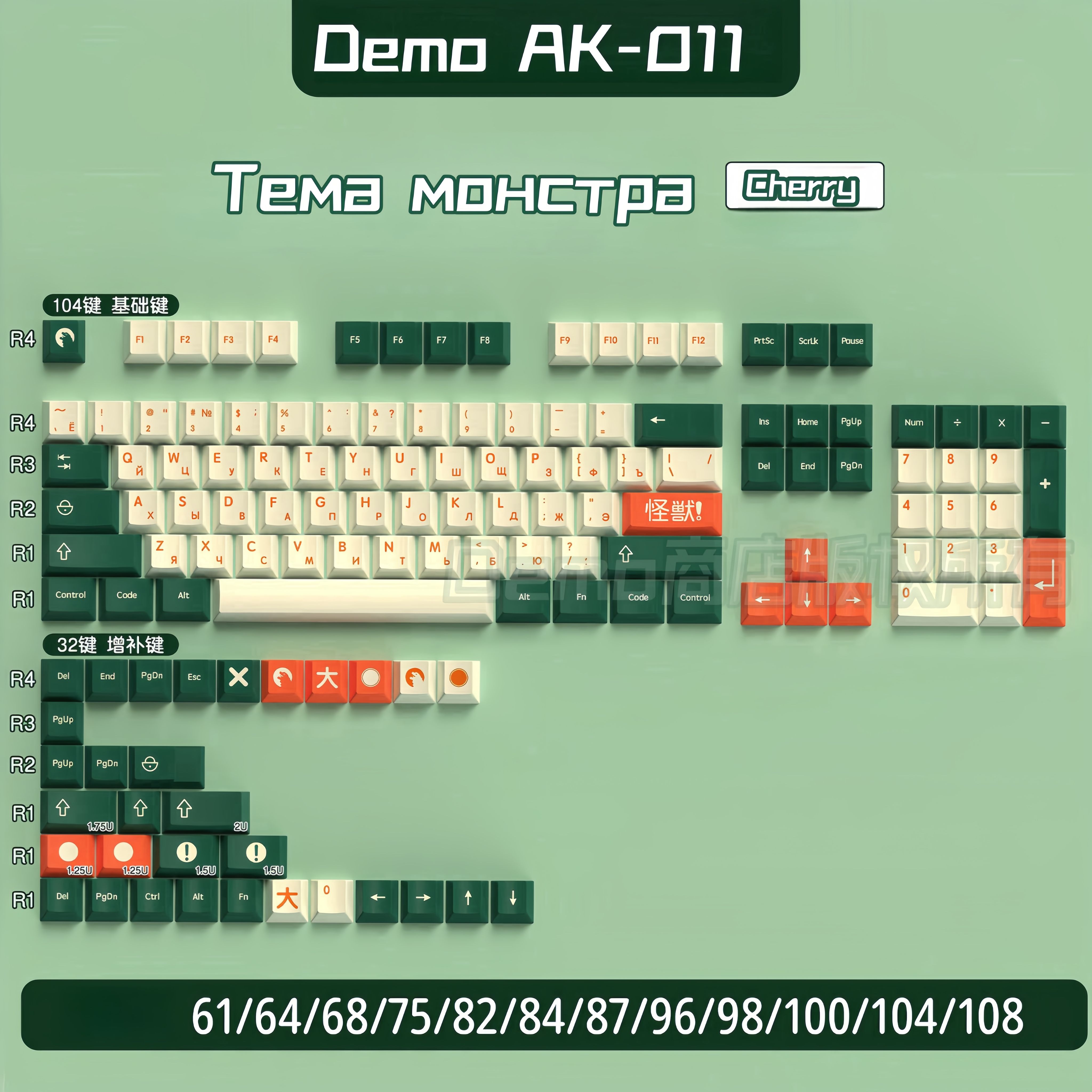 КейкапыдлямеханическойклавиатурыDemoAK-01ENG+RU,cherry,pbt,белый,красный