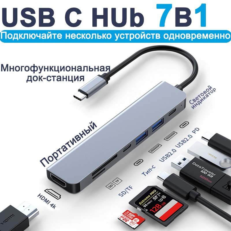 USBHUB7в1.USBразветвитель,typechdmi,докстанцияtypec,usbхабдляmacbook,SDCard,TFCard