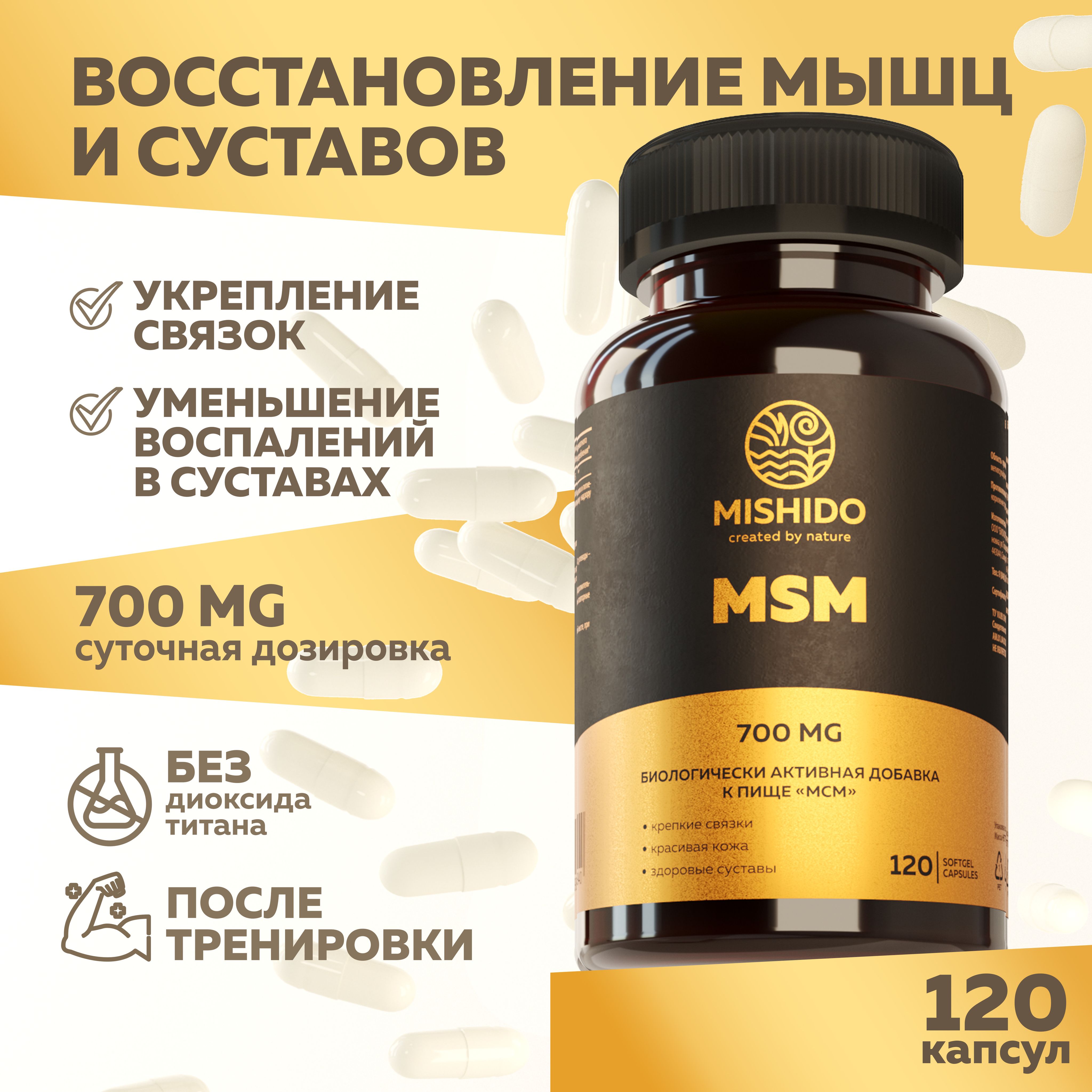 Хондропротектор MSM (МСМ) MISHIDO 120 капсул, метилсульфонилметан 700 мг для суставов и связок