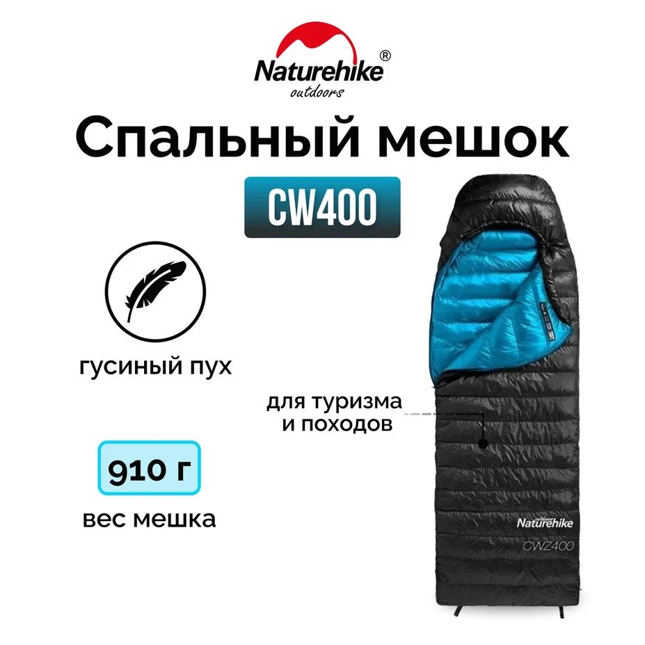 МешокспальныйNaturehikeCW400NH18C400-Dсгусинымпухом,размерМ,черный,6927595761663