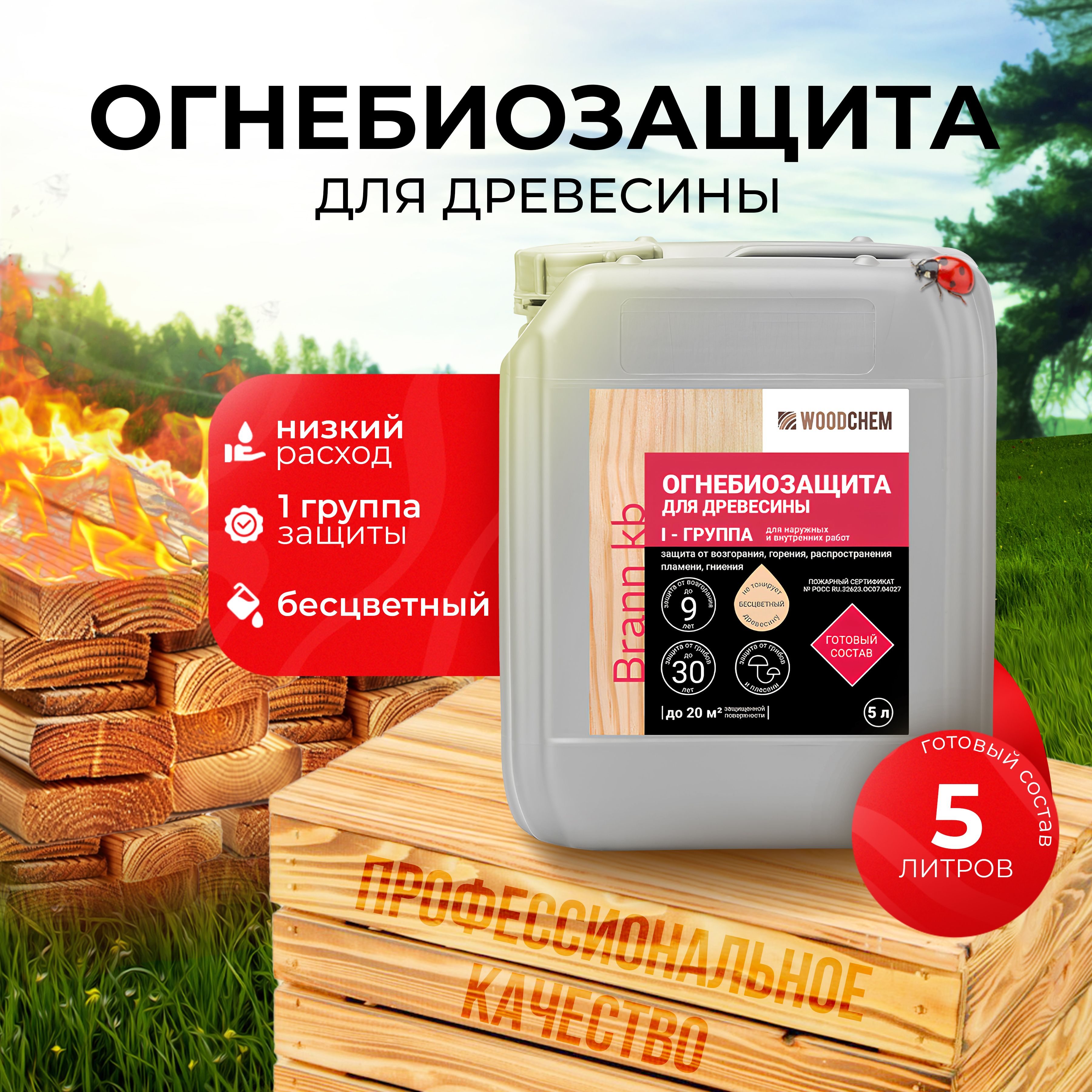 Огнебиозащита - 1 группа (5 л или 5 кг) Бесцветный - WoodChem Brann kb для наружных и внутренних работ - Огнебиозащитный готовый состав первой группы.