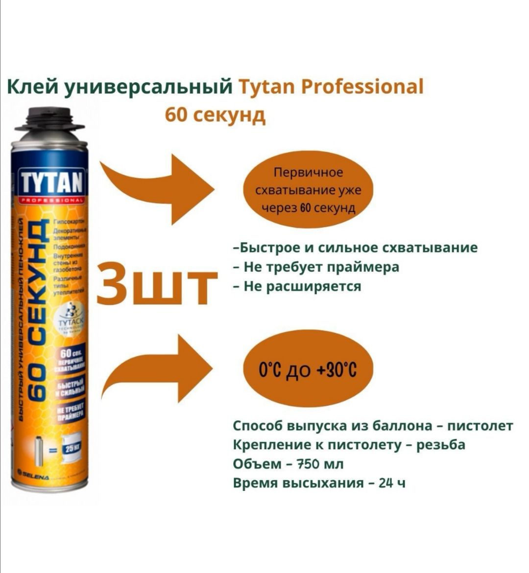 Tytan 60 секунд , Клей-пена профессиональная Tytan Professional 60 Секунд 750 мл.,3шт