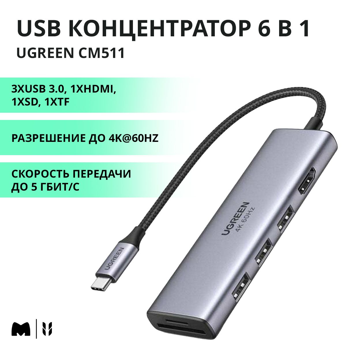 60383 UGREEN. USB концентратор Ugreen Premium 6 в 1 (хаб), USB 3.0, HDMI, TF/SD