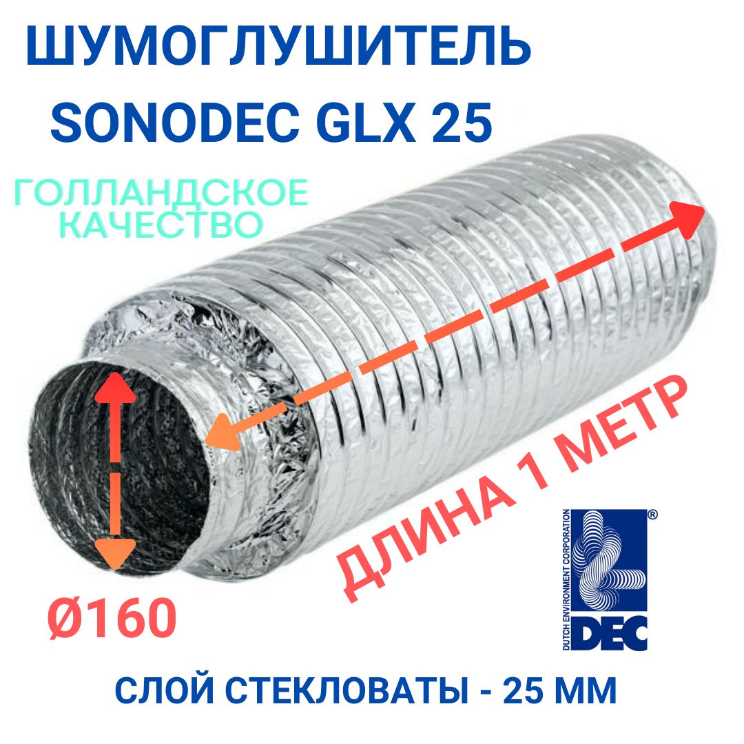 Гибкий метровый шумоглушитель Sonodec GLX25, 160 мм х 1 м, голландской компании Dec International