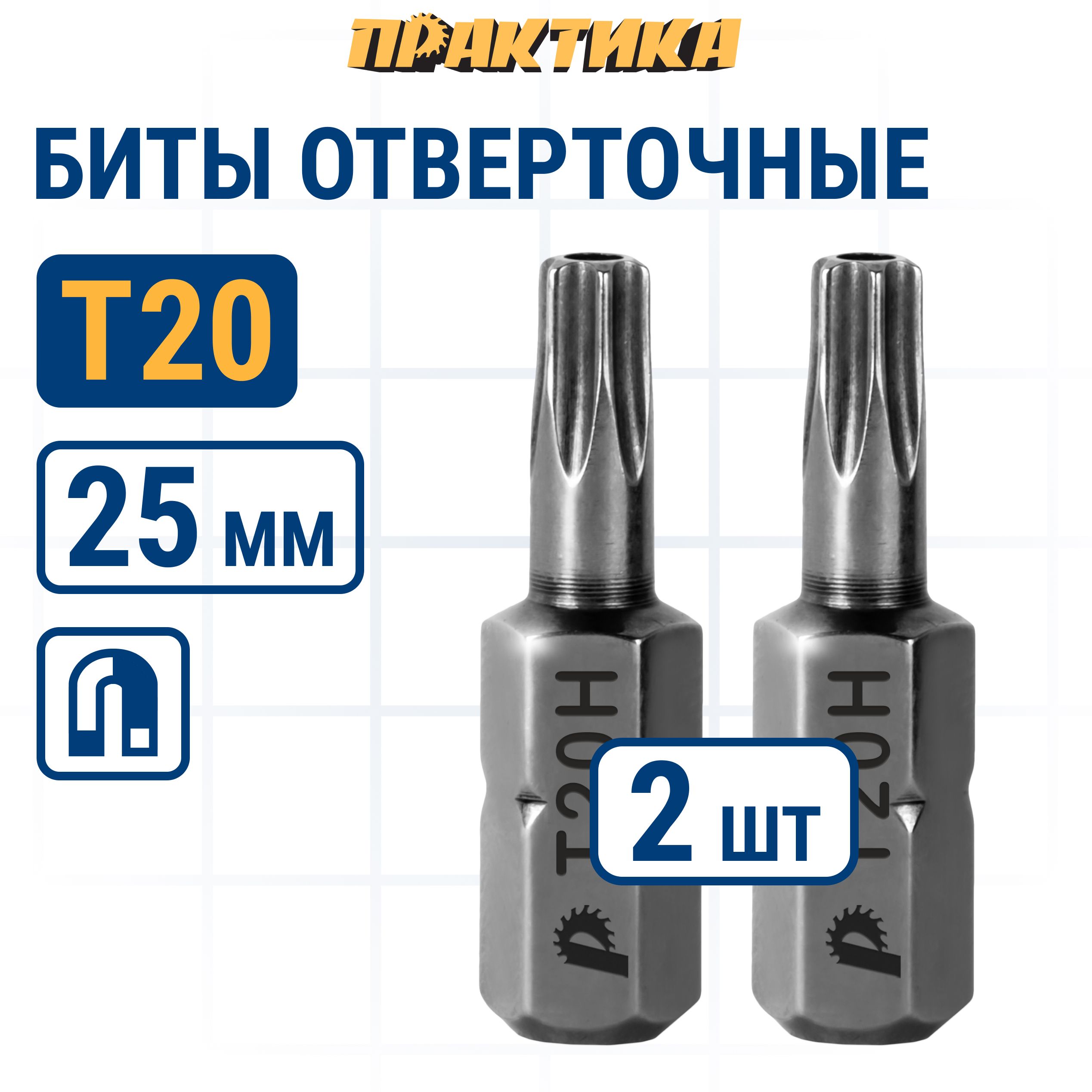 Биты для шуруповертов / бита отверточная ПРАКТИКА "Профи" Torx Tamper-20 х 25мм (2шт)