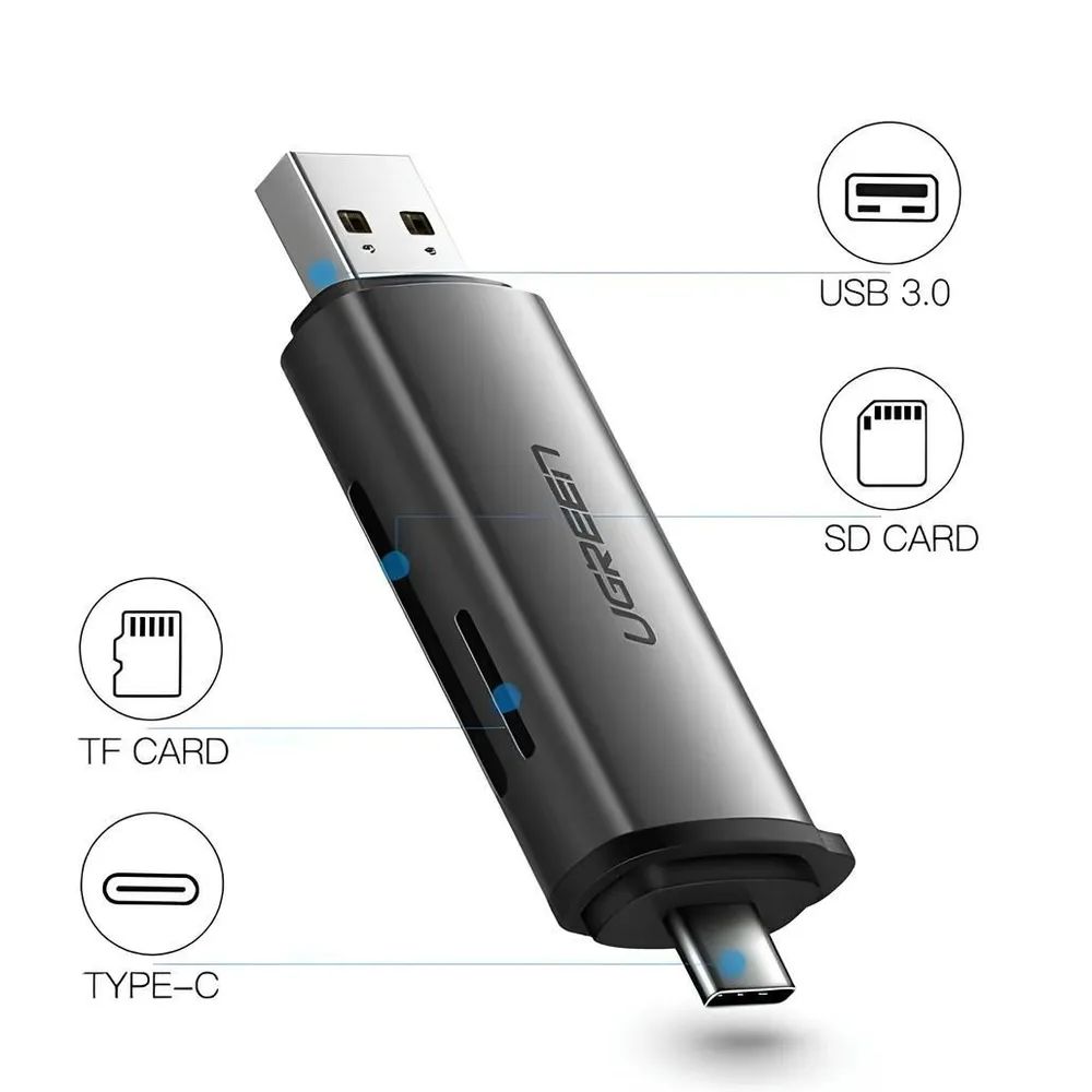 Картридер Micro SD (TF) + SD UGREEN CM185 / USB-A 3.0 + USB-C 3.1 Gen1 / Скорость 5Gbps, цвет серый космос (50706)