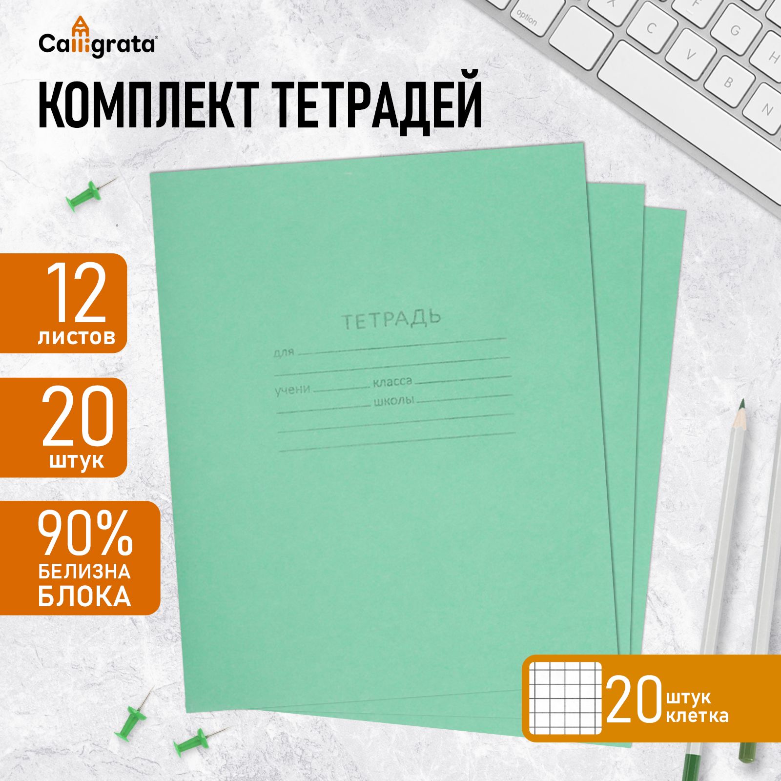 Комплект тетрадей из 20 штук, 12 листов в клетку КПК "Зёленая обложка", блок офсет, белизна 92%