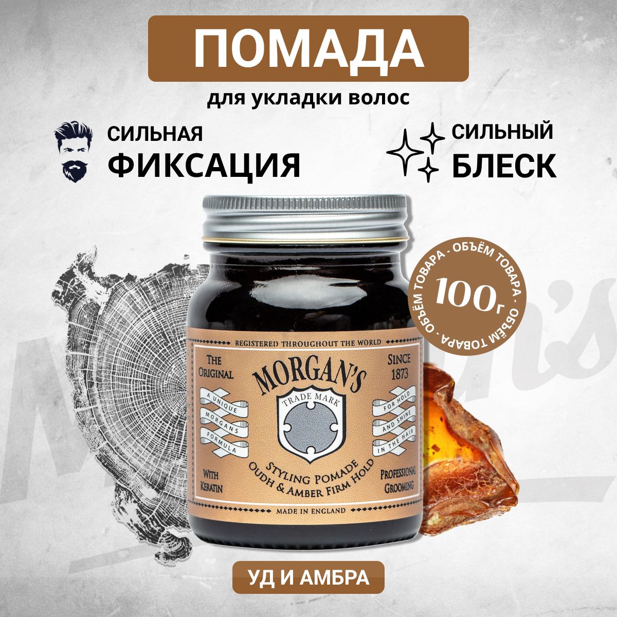 Помада для укладки Morgans Pomade Oudh & Amber Сильная фиксация / Сильный блеск 100 г