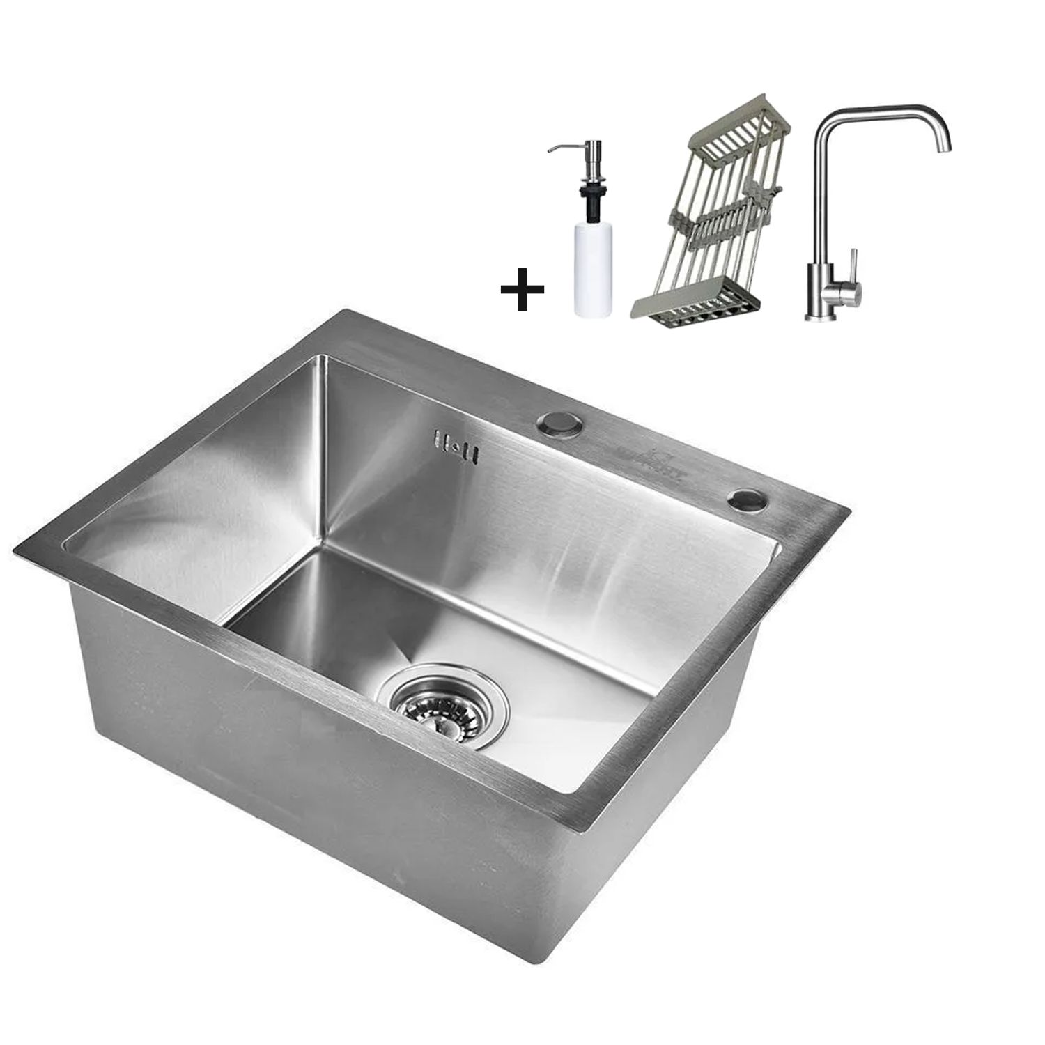 Комплект мойка для кухни нержавеющая 60*50 с коландером смесителем дозатором и сифоном