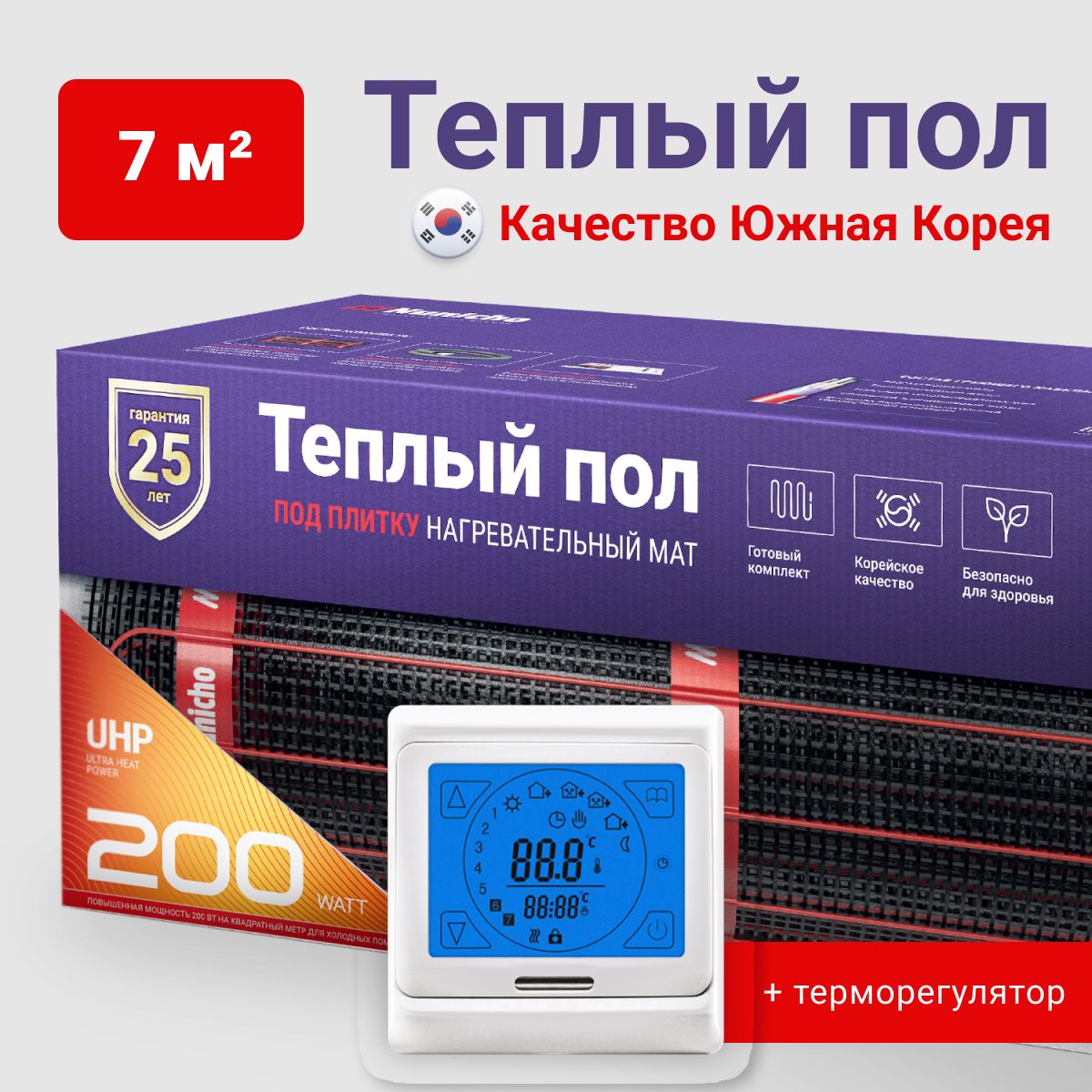 Теплый пол электрический под плитку 7 м2 Nunicho 200 Вт/м2 с терморегулятором сенсорным белым, нагревательный мат