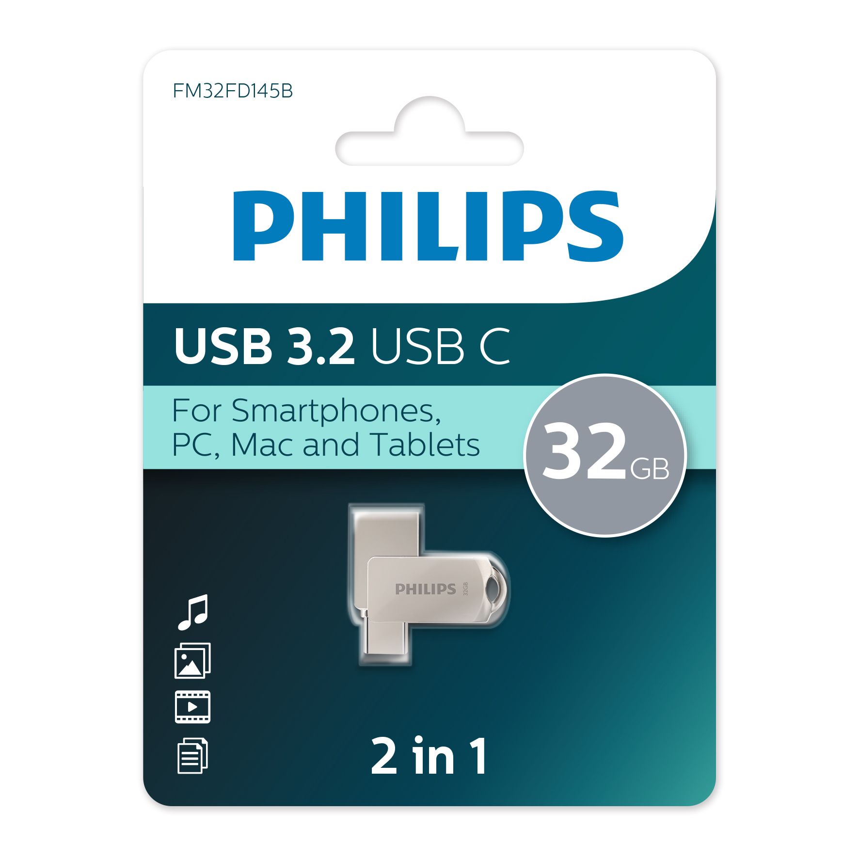 Флешнакопитель32GbPHILIPS2-in-1USB3.2USBC,OTG,USB3.2/Type-C,Металл,100MB/sFM32FD145B/97