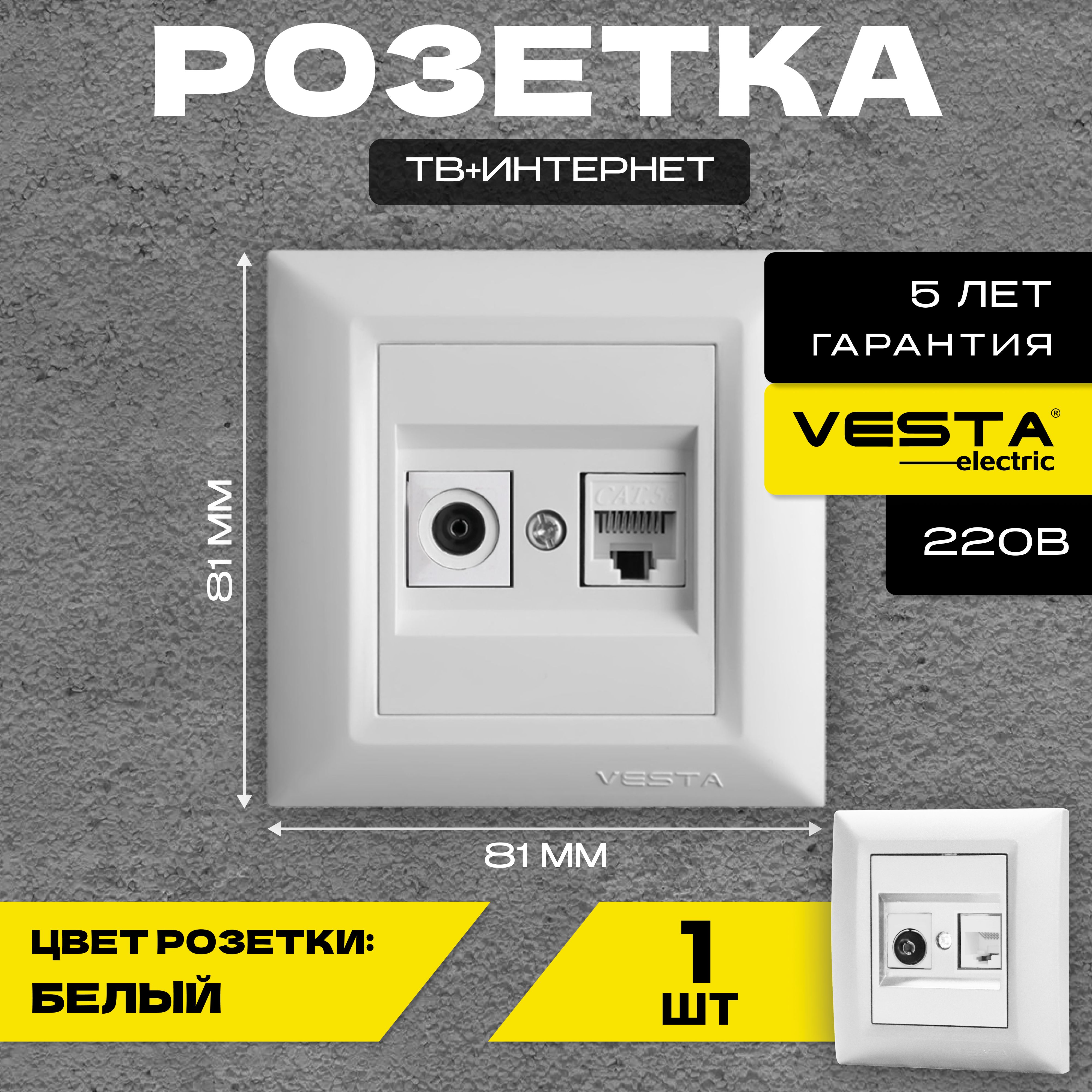 РозеткадлясетевогокабеляLAN+TVбелаяVesta-ElectricRomaWhite