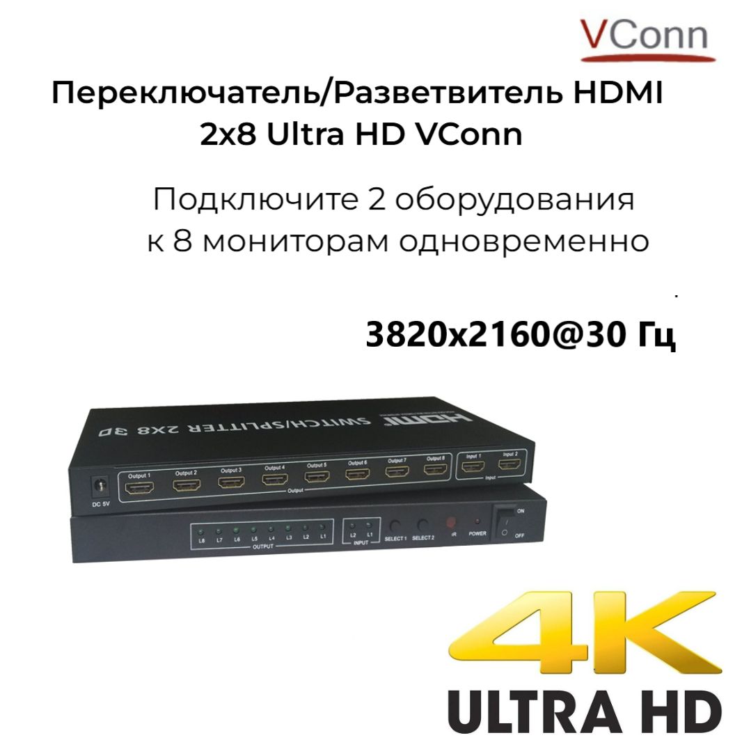 Переключатель/Разветвитель HDMI 2х8 Ultra HD (4Кх2К,3D) /VConn/