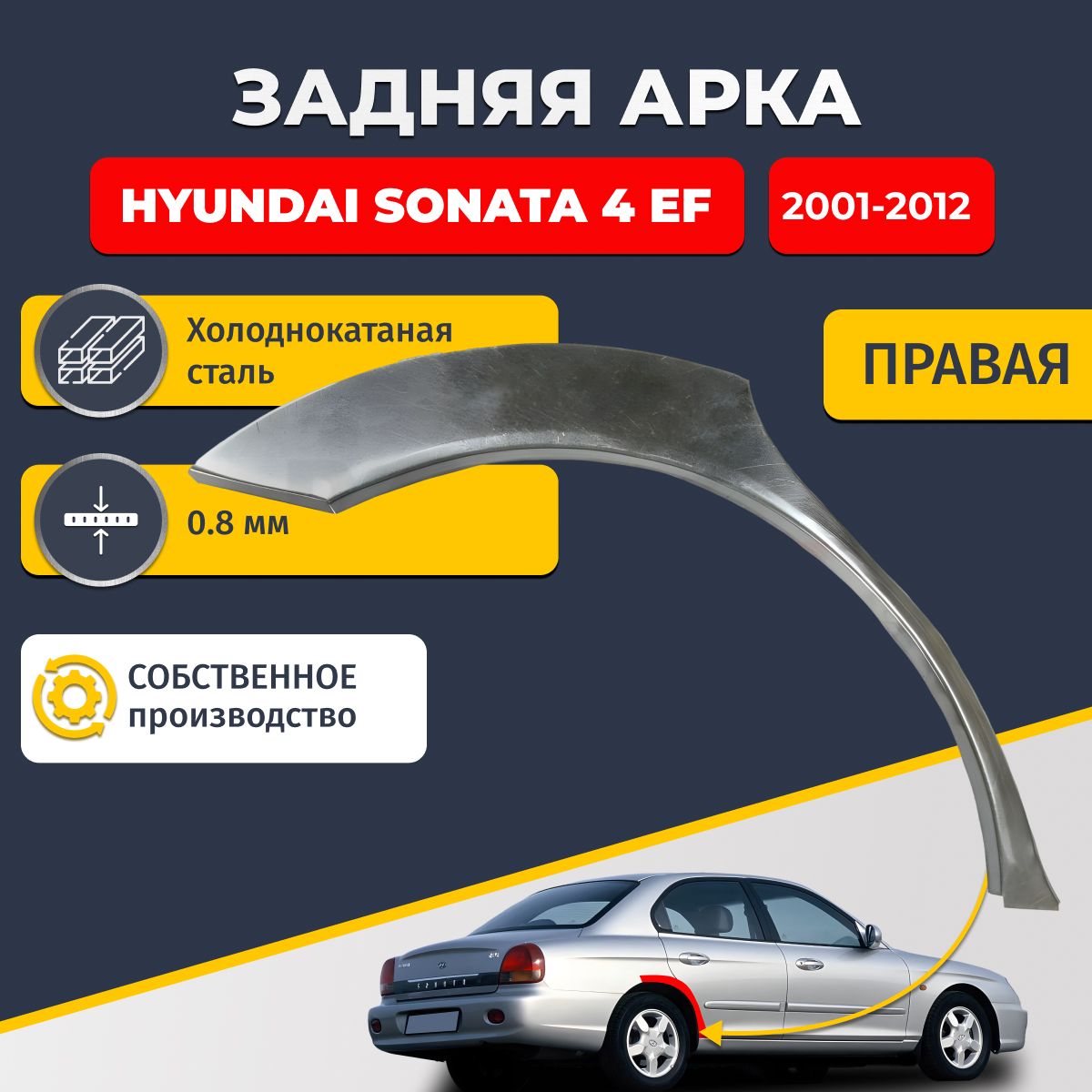 Правая задняя ремонтная арка для автомобиля Hyundai Sonata 4 EF 2001-2012 седан 4 двери (Хендай Соната 4). Холоднокатаная сталь 0,8мм.