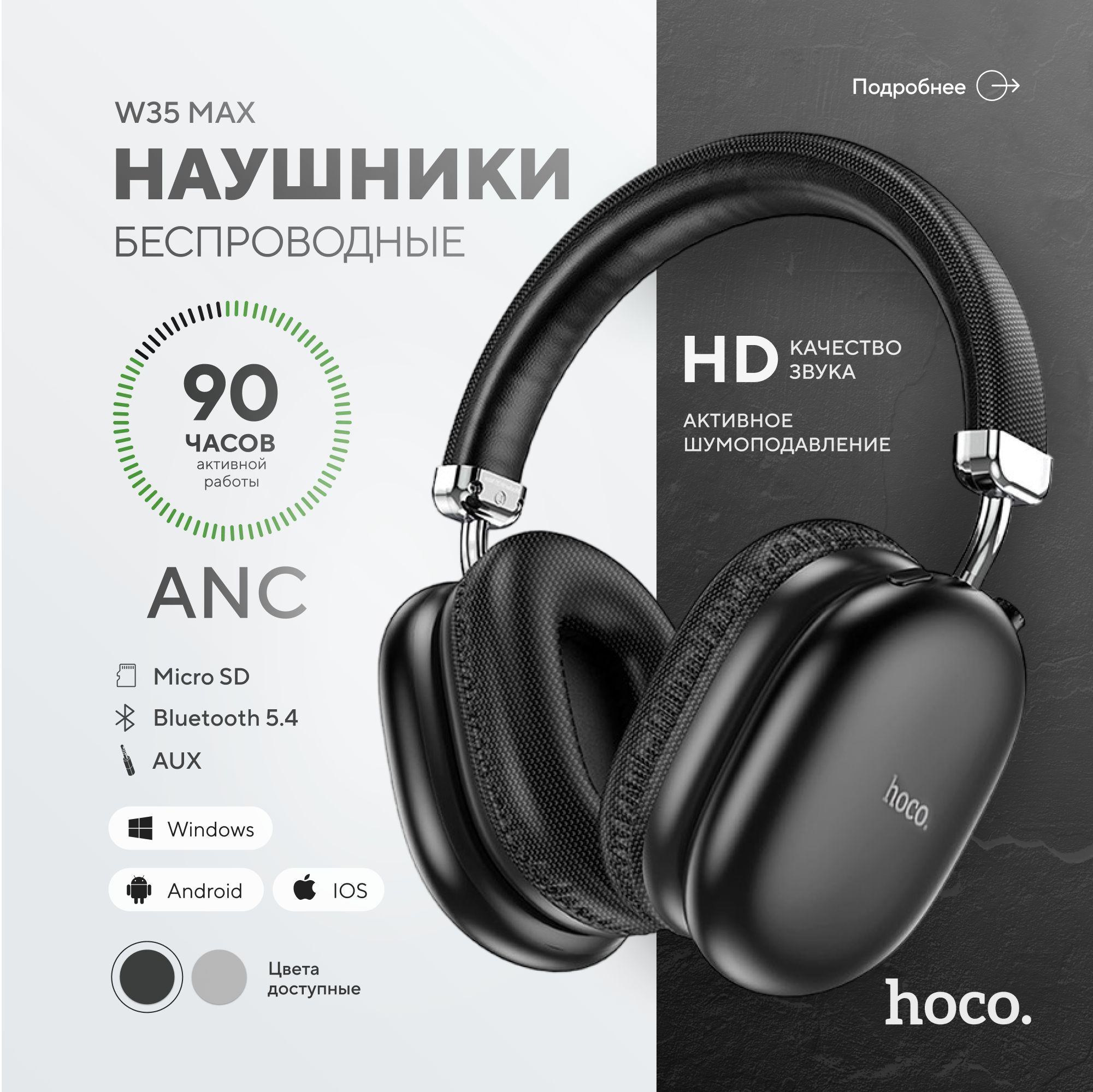 Наушники беспроводные накладные Hoco W35 MAX ANC, большие с шумоподавлением