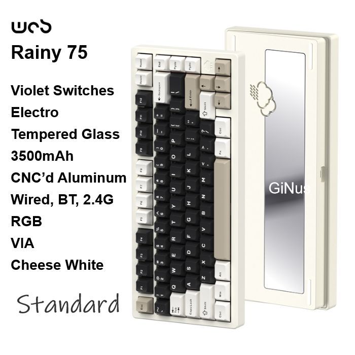 WOBИгроваяклавиатурабеспроводнаяRainy75Standard,CheeseWhite,RGB,VioletSwitches,Electro,Английскаяраскладка,белый