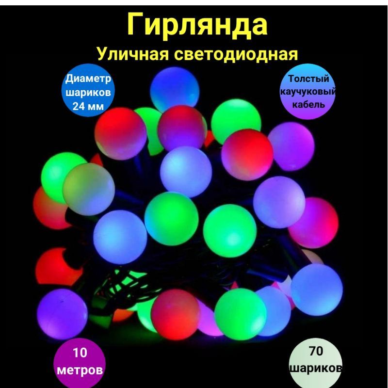 Гирляндауличная10метров,новогодниеукрашениядлядома,электрогирляндановогодняя,шарики,гирлянданаелку