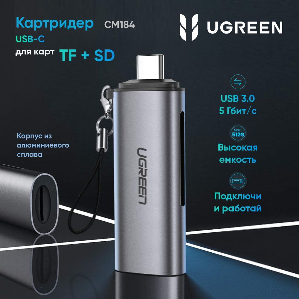 Кардридер UGREEN CM184 (50704) USB-C TF + SD Card Reader. Цвет: серый