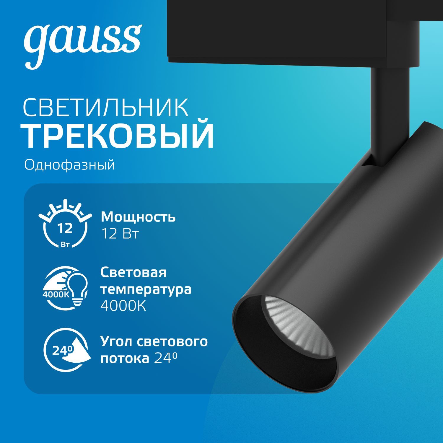 Светильник трековый 12W 4000K 220V цилиндр черный отражатель 24 град. Gauss