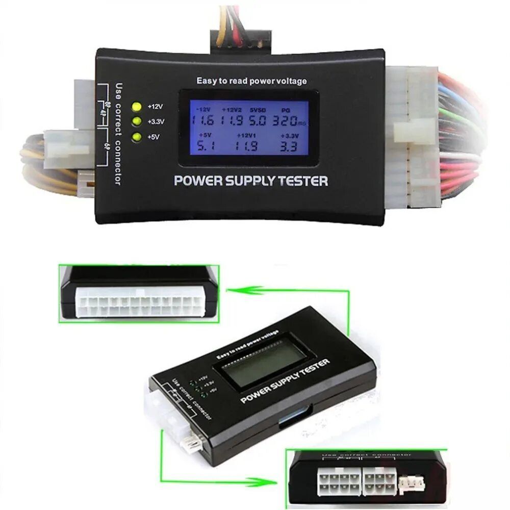 Тестер для блоков питания ATX Power Supply Tester ATX 20/24+4+6+8pin, цифровая индикация, питание от Molex, вольт-ваттметр