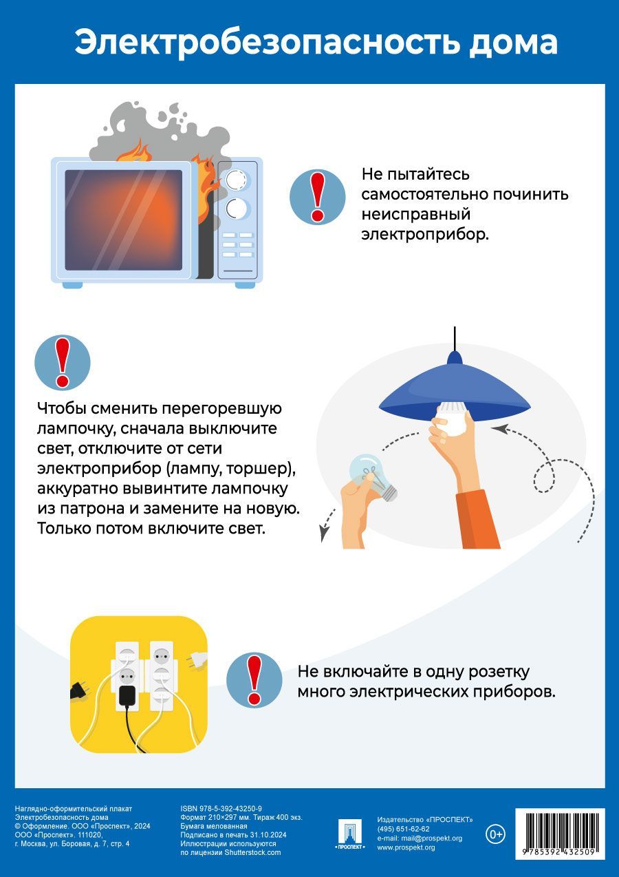Электробезопасность дома. Наглядно-оформительный плакат. Формат А4.