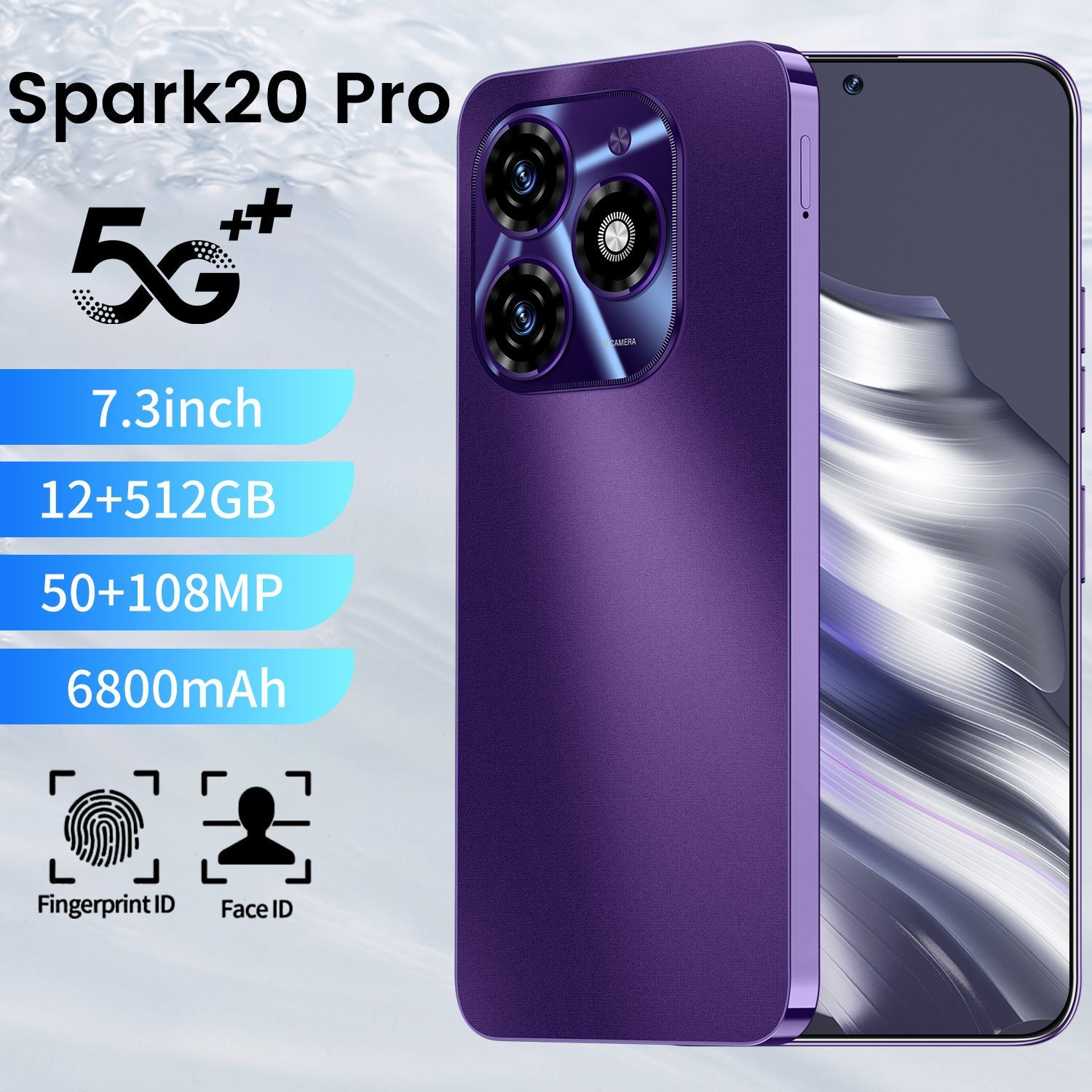 AstarryСмартфонSpark20Proсмартфон，5G/4Gтелефонысмартфоныраспродажа，12GB+512GB，Android13，7,3дюйма，Длительныйсрокслужбыбатареи，Type-C，золотой，подарок，пурпурныйРостест(EAC)12/512ГБ,фиолетовый