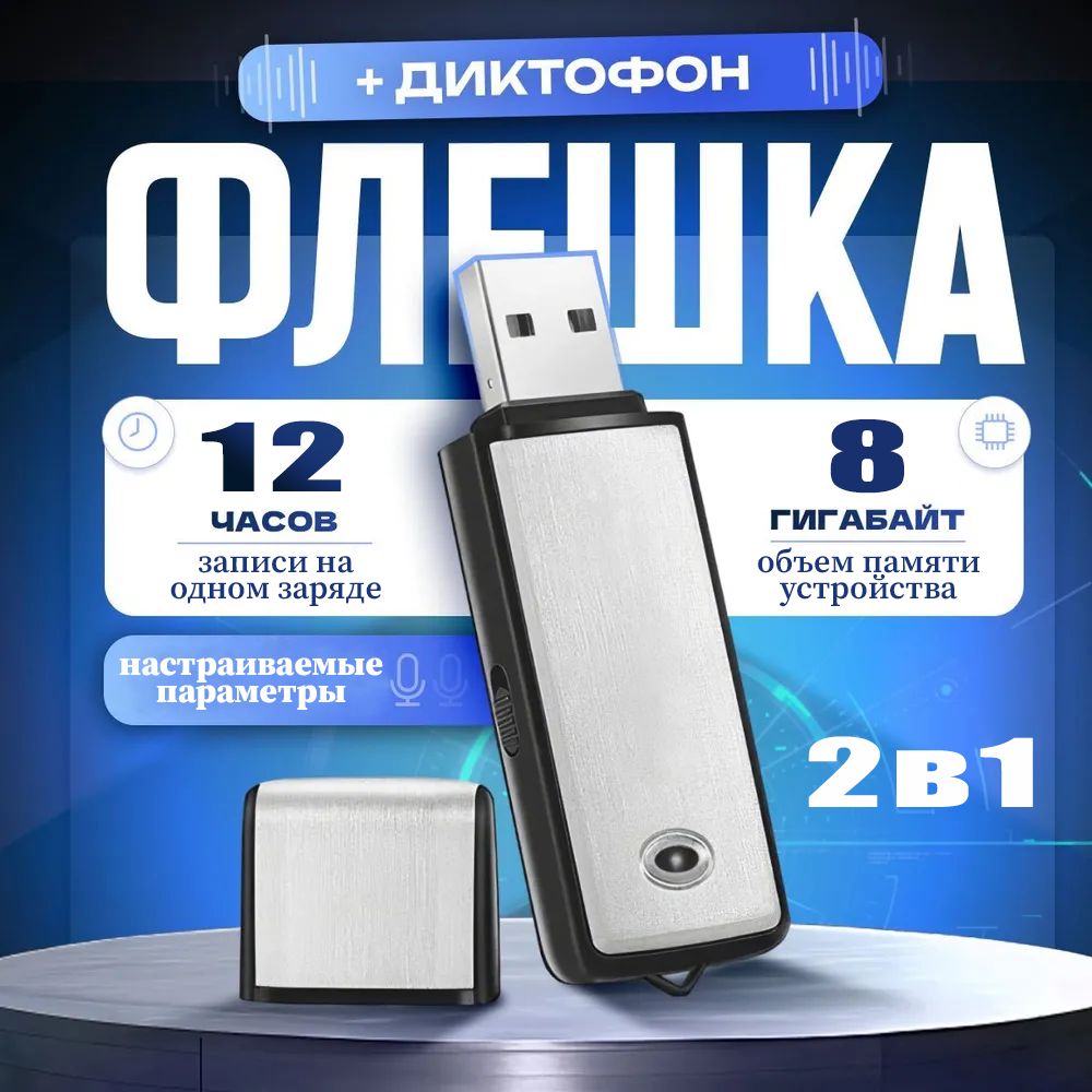 Цифровой аудио мини диктофон для записи голоса и разговоров + USB флешка 8 ГБ