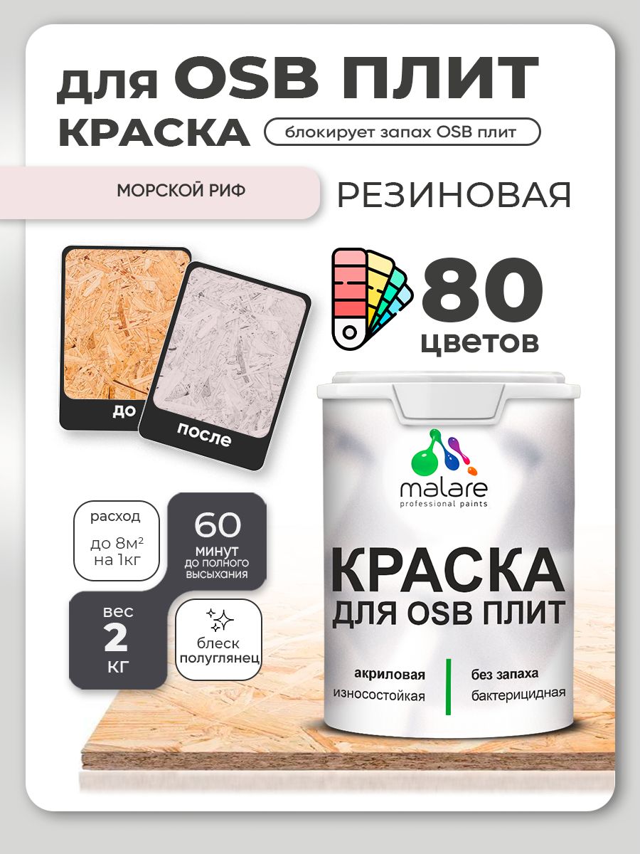 Резиновая краска для ОСБ плит Malare акриловая краска для дерева для наружных и внутренних работ, быстросохнущая без запаха полуглянцевая, морской риф, 2 кг
