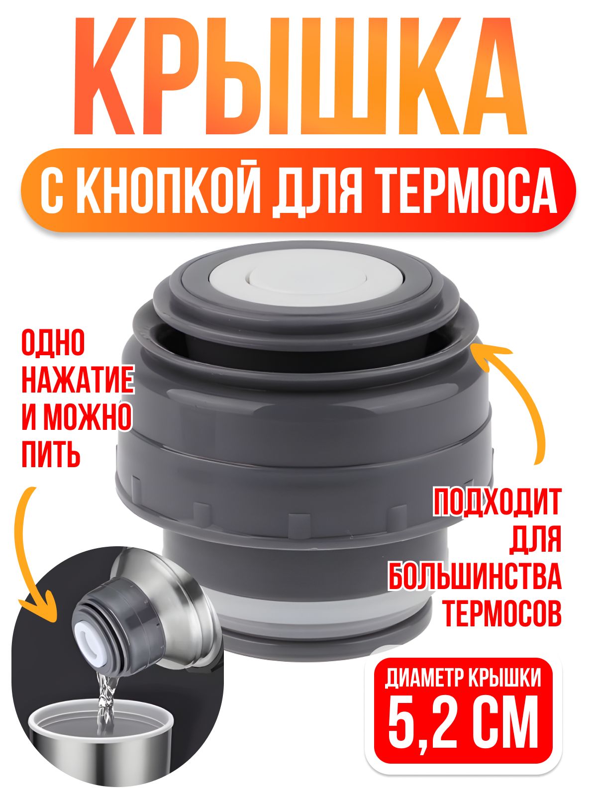 Сменнаякрышкадлятермоса5.2см,скнопкой,универсальная,запасная