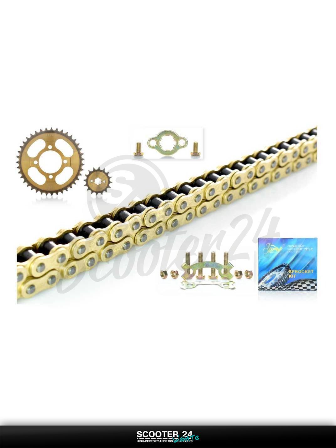 Звезды трансмиссии пара на мопед и мотоцикл Delta 50-110 кубов / Альфа Дельта с двигателем 139FMA и 147FMH 428H-16/39 +цепь 116L "LIPAI" (GOLD, закалка)