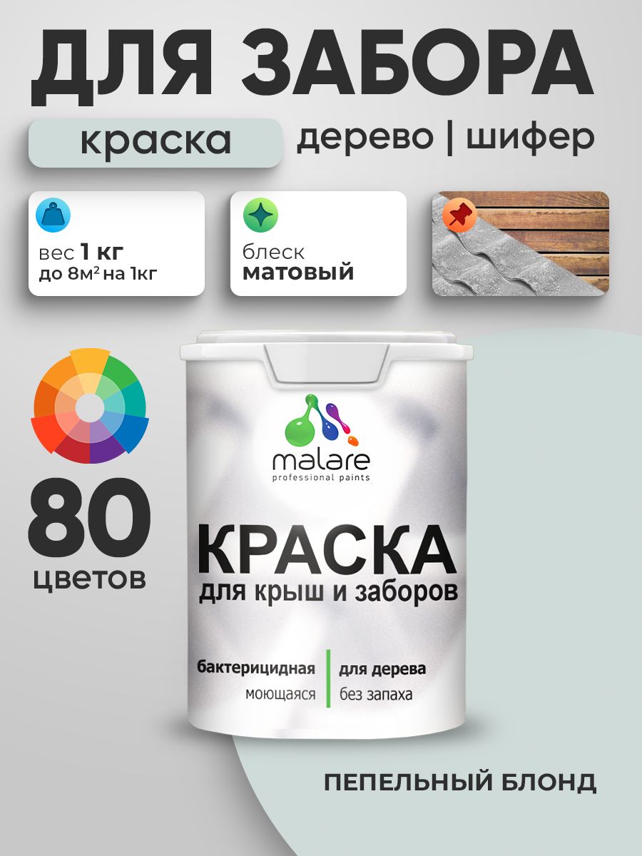 Резиновая краска Malare для деревянного забора/ по дереву для наружных и внутренних работ/ быстросохнущая моющаяся без запаха полуглянцевая, пепельный блонд, 1 кг.